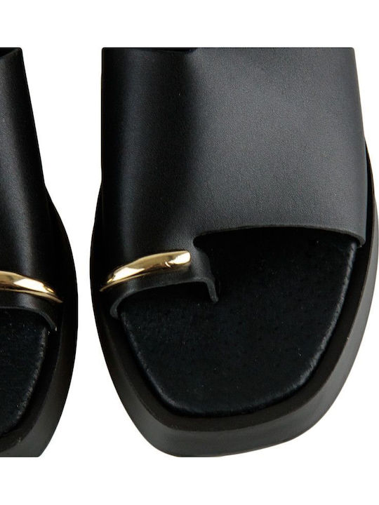 Negru Flatform De Piele Handmade Sandală Decorativă
