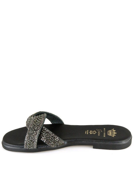 Black Leather Handmade Flat Sandal with Strass