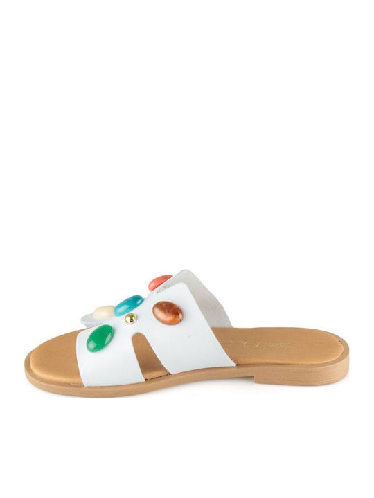 White Leather Handmade Flat Sandal with Decorative Stones