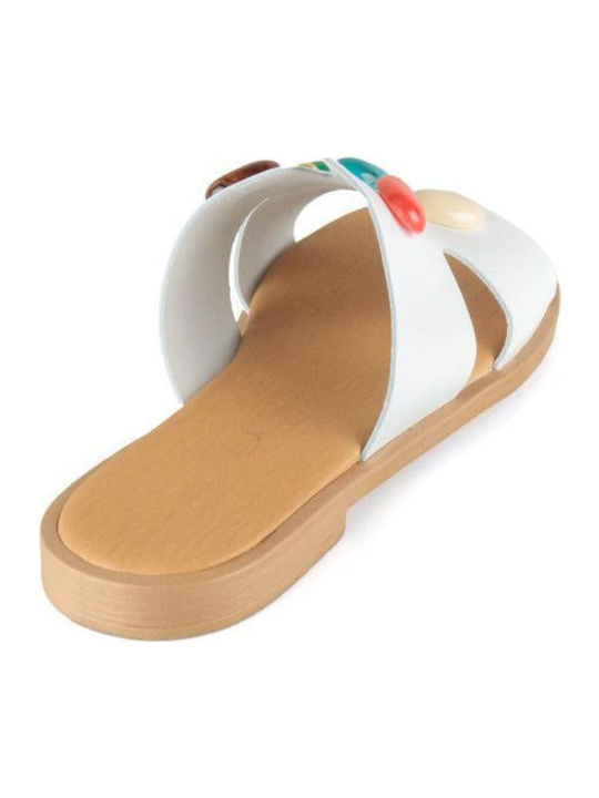 White Leather Handmade Flat Sandal with Decorative Stones