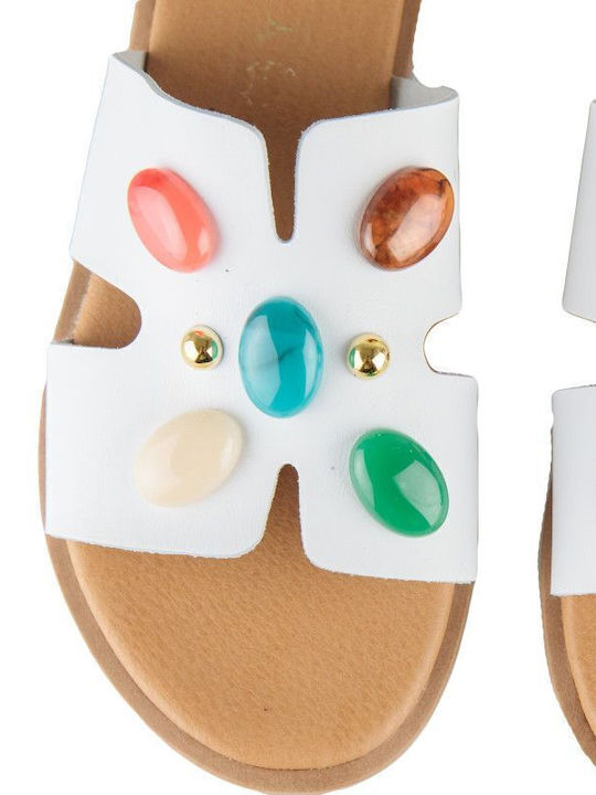 White Leather Handmade Flat Sandal with Decorative Stones