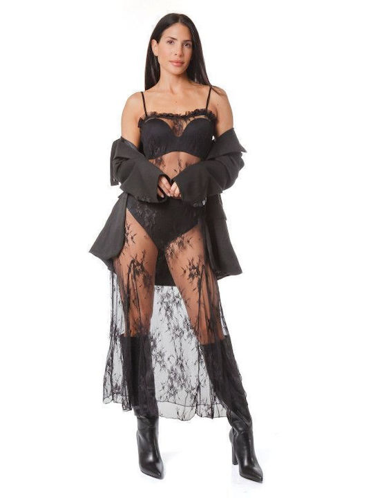 Schwarzes Spitzen-Midikleid ohne Ärmel