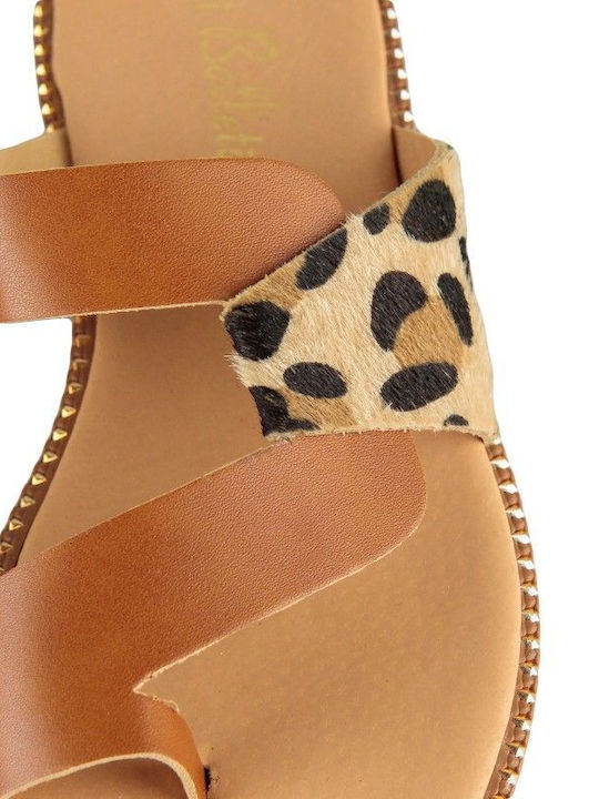 Camel Δερμάτινο Χειροποίητο Flat Σανδάλι Animal Print