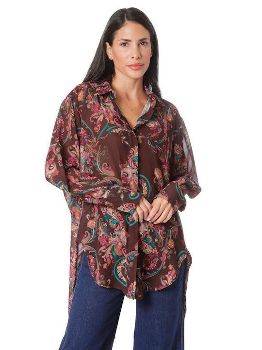 Brown Asymmetrical Floral Shirt