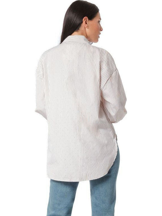 Beige Asymmetrical Striped Shirt with Strass