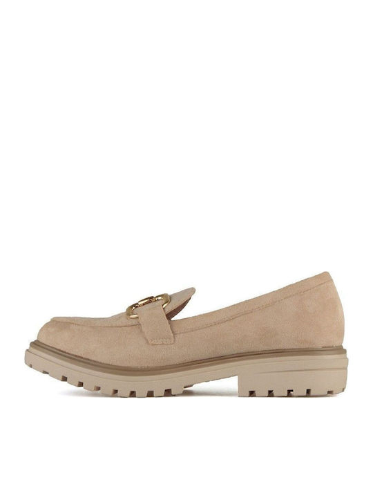 Mocasini decorativi din piele întoarsă bej