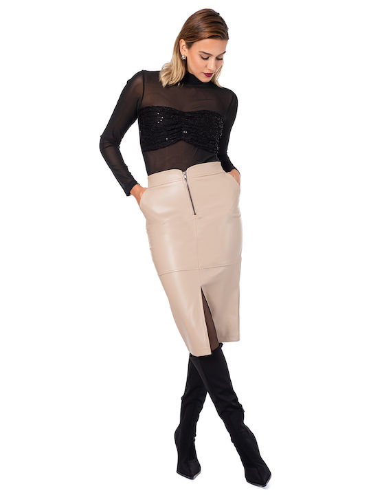 Emporio Grama Leather Midi Skirt Beige