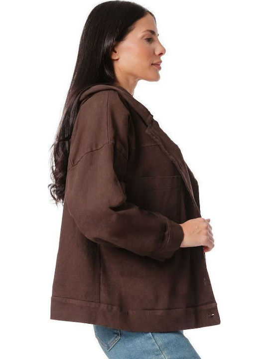Women's Short Jean Jacket for Spring or Autumn with Hood Brown