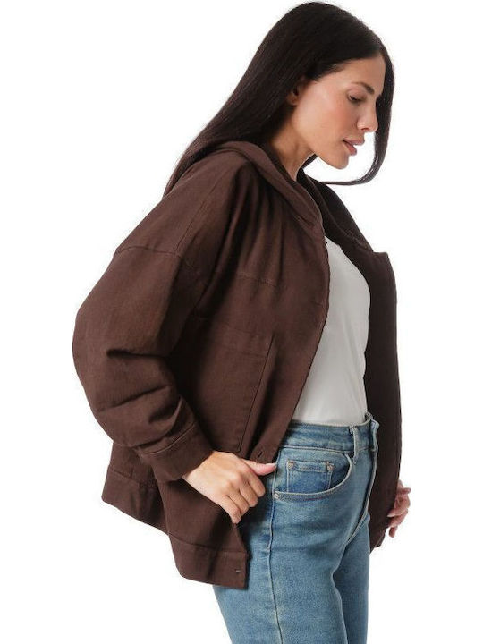 Women's Short Jean Jacket for Spring or Autumn with Hood Brown