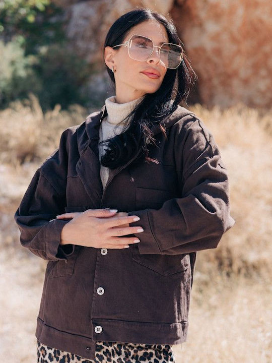 Women's Short Jean Jacket for Spring or Autumn with Hood Brown
