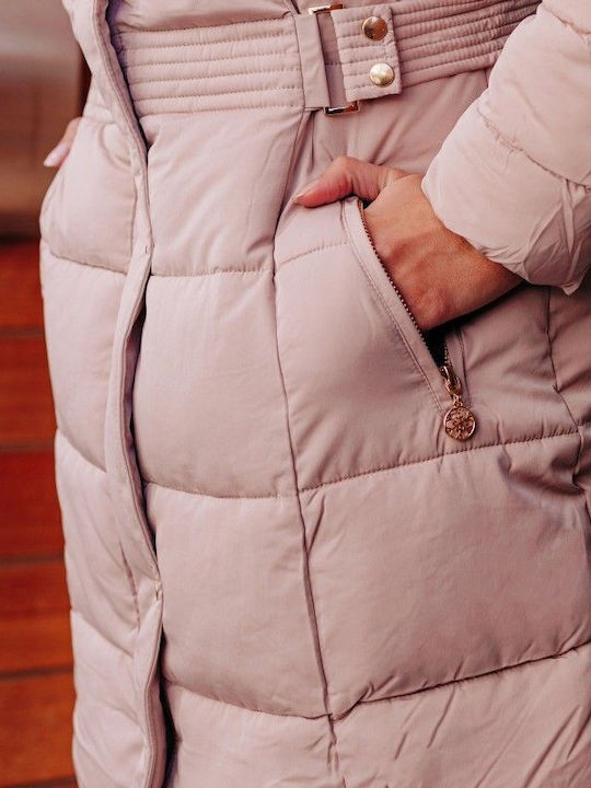 Μακρύ Γυναικείο Puffer Μπουφάν με Γούνινη Κουκούλα για Χειμώνα Ροζ