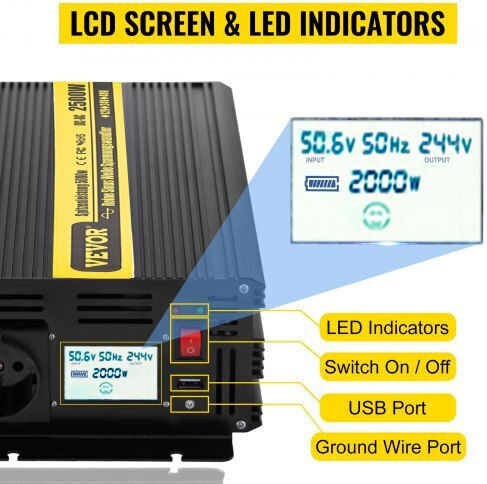 Vevor Car Inverter Pure Sinewave 2500W to Converter 12V DC in 230V AC