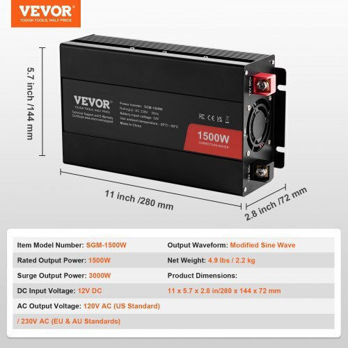 Vevor Inverter Αυτοκινήτου Τροποποιημένου Ημιτόνου 1500W για Μετατροπή 12V DC σε 230V AC
