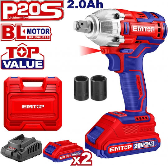 Emtop Brushless Impact Wrench Battery 20V 2x2Ah with Socket 1/2"