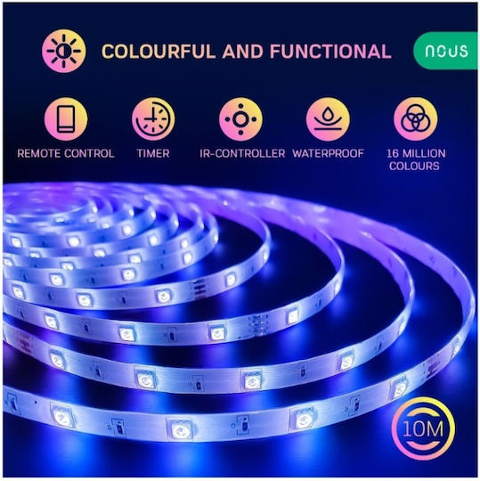 Nous Smart Ταινία LED Wi-Fi 220V RGB Φως 10m Τύπου SMD5050 με Τροφοδοτικό, Τηλεχειριστήριο & WiFi Controller