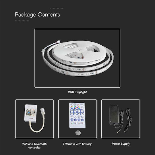 V-TAC Waterproof Smart LED Strip Wi-Fi 24V RGB Light 5m Type SMD5050 with Power Supply, Remote Control & WiFi Controller