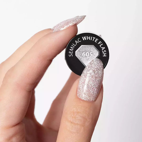 Semilac Semi-Permanent Nail Polish White Flash 605 with Glitter 7ml 1pcs
