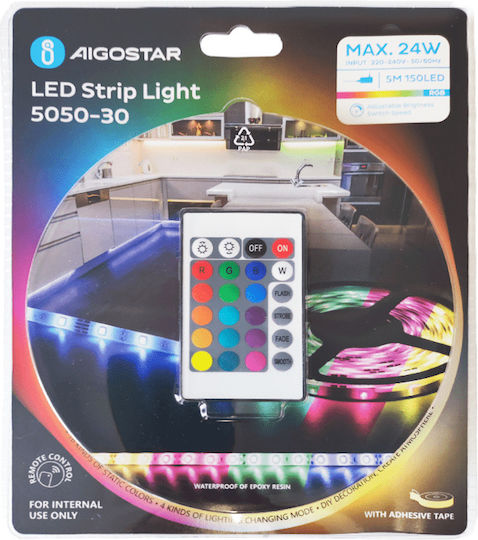 Aigostar Αδιάβροχη Ταινία LED USB 5V RGB Φως 5m Τύπου SMD5050 με Τροφοδοτικό & Τηλεχειριστήριο