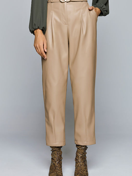 Women's High-waisted Fabric Trousers with Elastic Beige