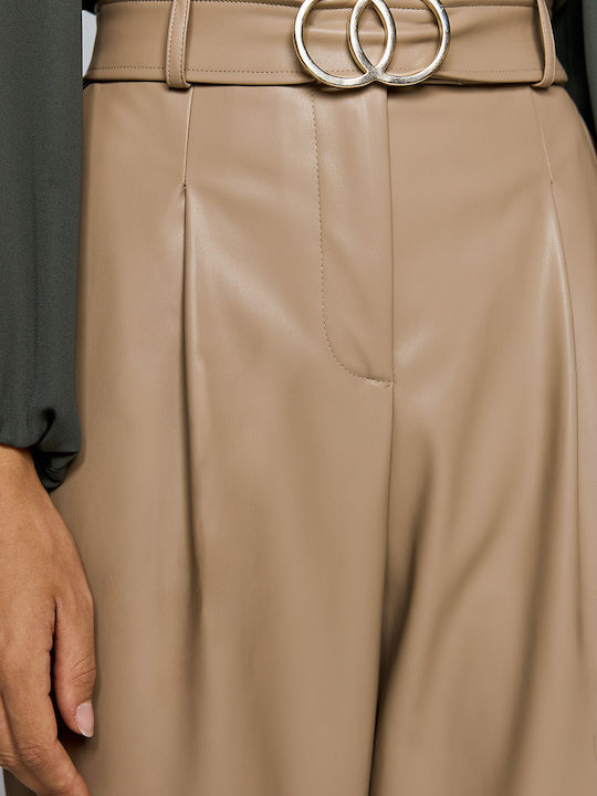 Women's High-waisted Fabric Trousers with Elastic Beige