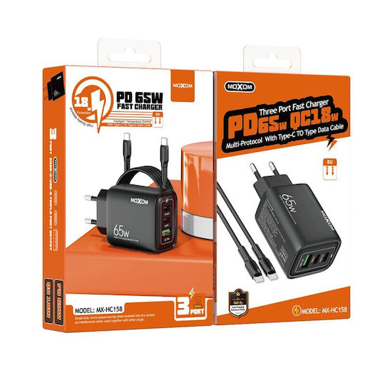 Moxom Charger with USB-A Port and 2 USB-C Ports and Cable USB-C - USB-C 65W Power Delivery / Quick Charge 3.0 Blacks (MX-HC158)