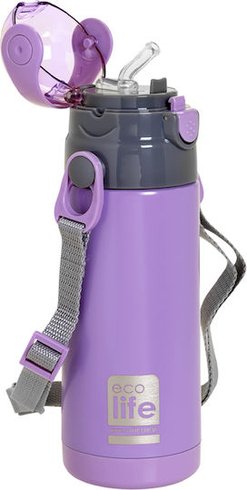 Ecolife Kids Water Bottle Thermos Stainless Steel with Straw Lilac 400ml (Various Designs/Colours)