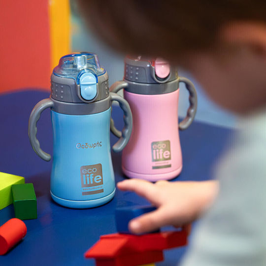 Ecolife Kids Water Bottle Thermos Plastic with Straw Pink 300ml
