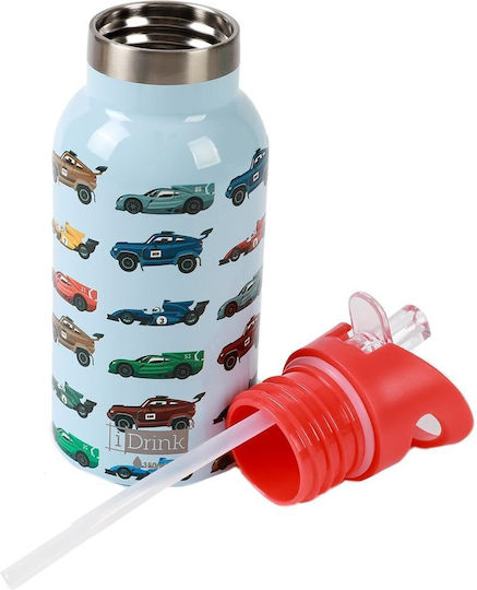 Total Gift Cars Kinderflasche Thermos Rostfreier Stahl mit Strohhalm Hellblau 350ml