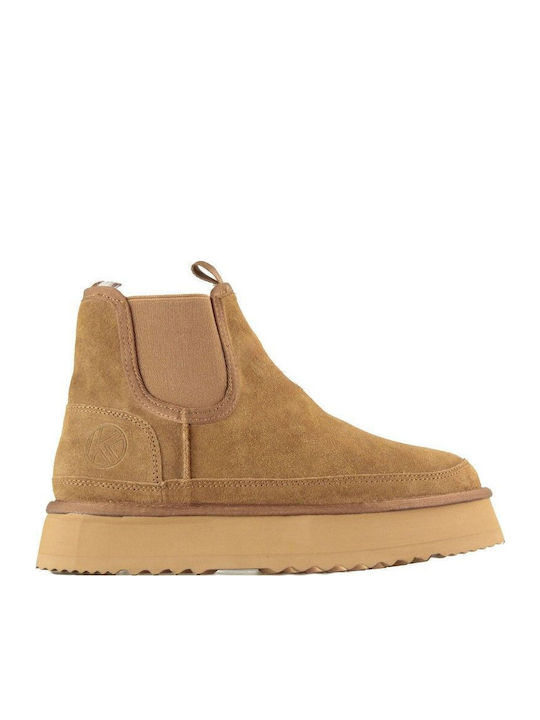 Wildleder Damen-Stiefeletten mit Pelz in Camel