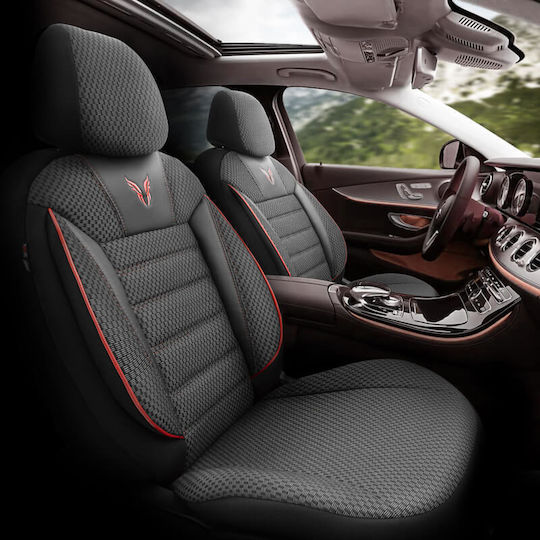 Otom Toro Design Universal Car Seat Covers Cotton Fabric Leatherette Front and Rear Set 11 Pieces Black Red Tro-901