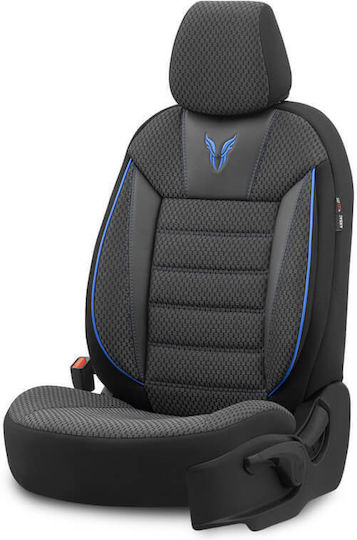 Otom Toro Design Universal Car Seat Covers Cotton Fabric Leatherette Set Front Rear 11 Pieces Black Blue Tro-903