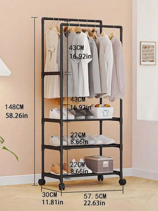 Wheeled Floor Garment Rack made of Metal Black 57x30x148cm