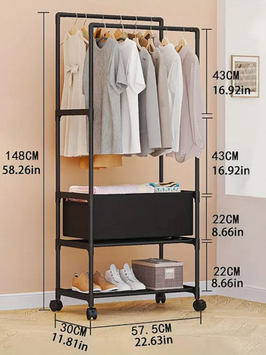 Wheeled Floor Garment Rack made of Metal Black 57x30x148cm