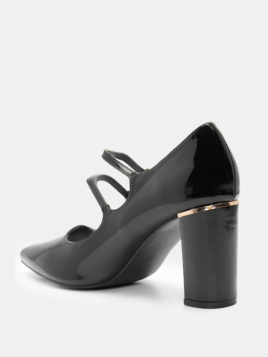 Pointed Pumps with Double Straps & Metallic Detail on the Heel 4448759-black-patent