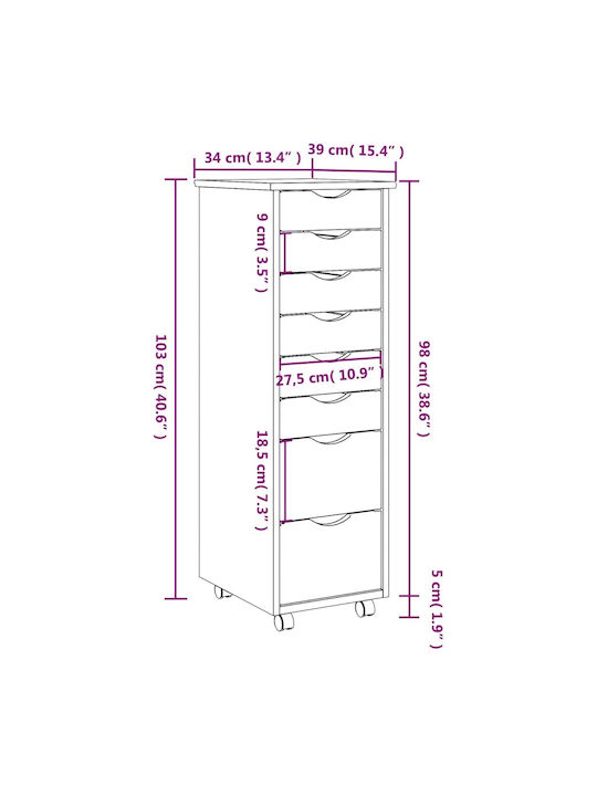 Vidaxl Rolling Cabinet Drawers Moss Honey Brown Solid Pine Wood 34x39x103cm 1 Piece Brown