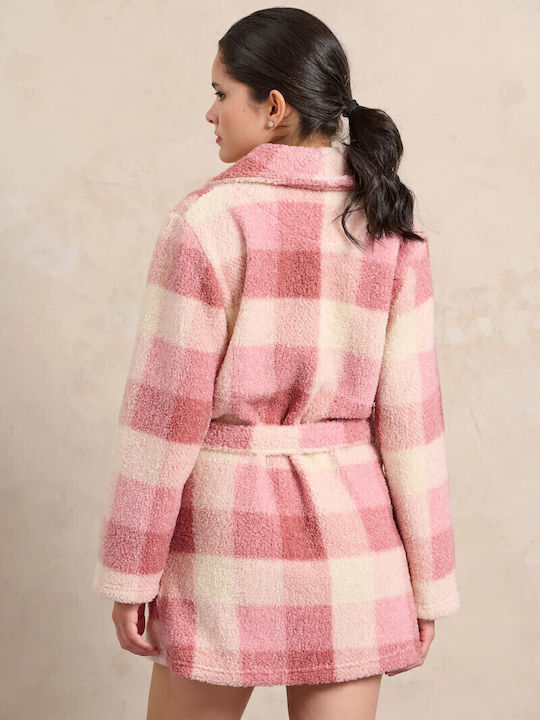 Jeannette Crossed Fleece Checkered Pink Robe 7967