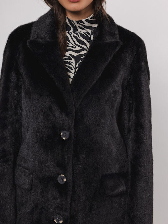 700w Women's Black Coat with Fur Details