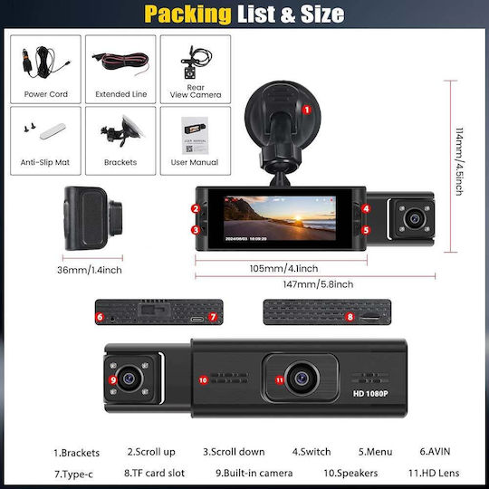 1080P Windshield Car DVR Set with Rear Camera, 3.16" Display with Suction Cup