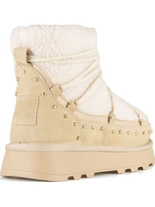 Leather Women's Ankle Boots with Fur Beige