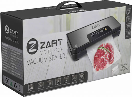 Zafit Vid-110 Pro+ Sigilatoare cu Vid pentru Alimente Lungimea de Sigilare 30 Cm Roll de 300 Cm x 28 Cm Recipient pentru Sticle Tub de Vid Negru Oțel Inoxidabil