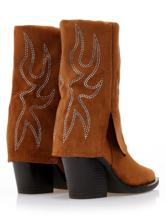 Camel Wildleder Cowboy-Stiefeletten mit umklappbarem Riemen und Strass-Design
