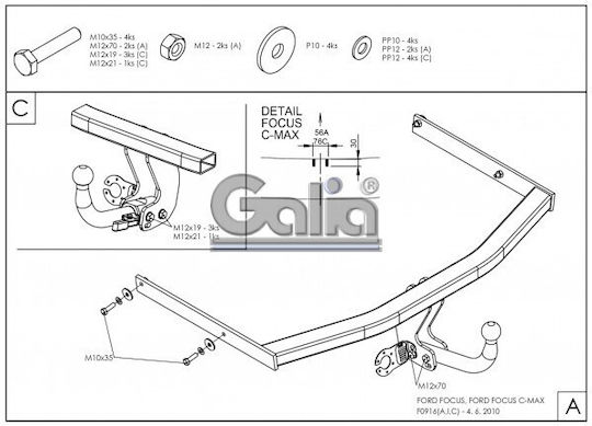 Galia Tow Hook Car Ford C-Max MPV, 2003-2010 Maximum Towing Weight 1500kg with Screws