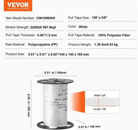 Vevor Πολυεστερική Ταινία Έλξης 5/8" X 108' Αντοχή 2200 Lbf Λευκή Dlldb33m159mxk8ptv0