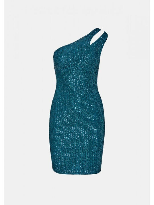 Lynne 052-511013 Mini Sequin One-Shoulder Dress Petrol