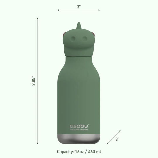 Asobu Kids Water Bottle Thermos Dinosaur Stainless Steel with Straw Dinosaur 460ml