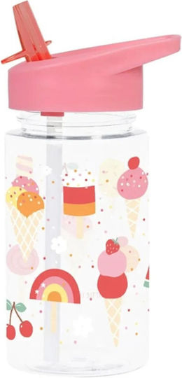 A Little Lovely Company Kids Water Bottle Plastic with Straw Pink 450ml (Various Designs/Colours)