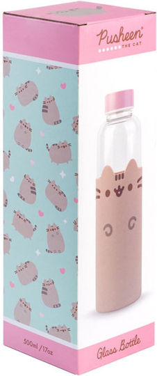 Pusheen Glass Kids Water Bottle Set with Screw-on Cap Non Spill Beige 500ml