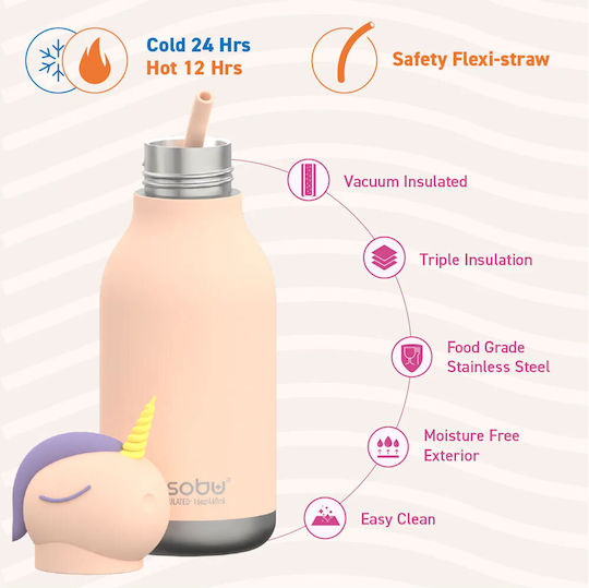Asobu Kinderflasche Thermos Einhorn Rostfreier Stahl mit Strohhalm Rosa 460ml