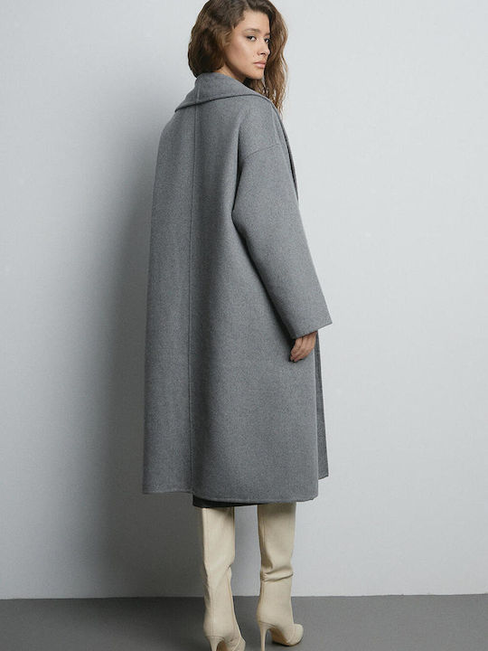 Μάλλινο Γυναικείο Γκρι Παλτό Oversized με Κουμπιά