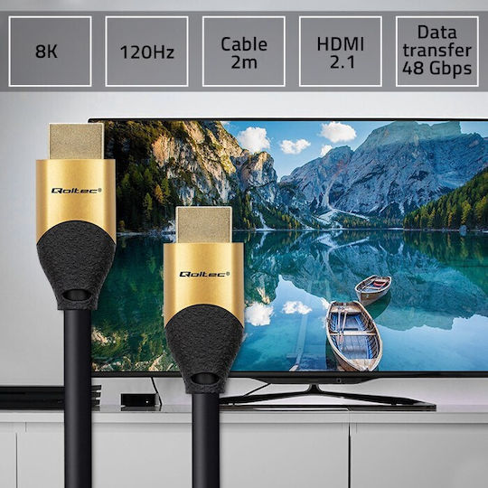 Qoltec HDMI 2.1 Ултра Висока Скорост 48Gbps 4K 120Hz HDR VRR Кабел HDMI Мъжки - HDMI Мъжки 2м Черен